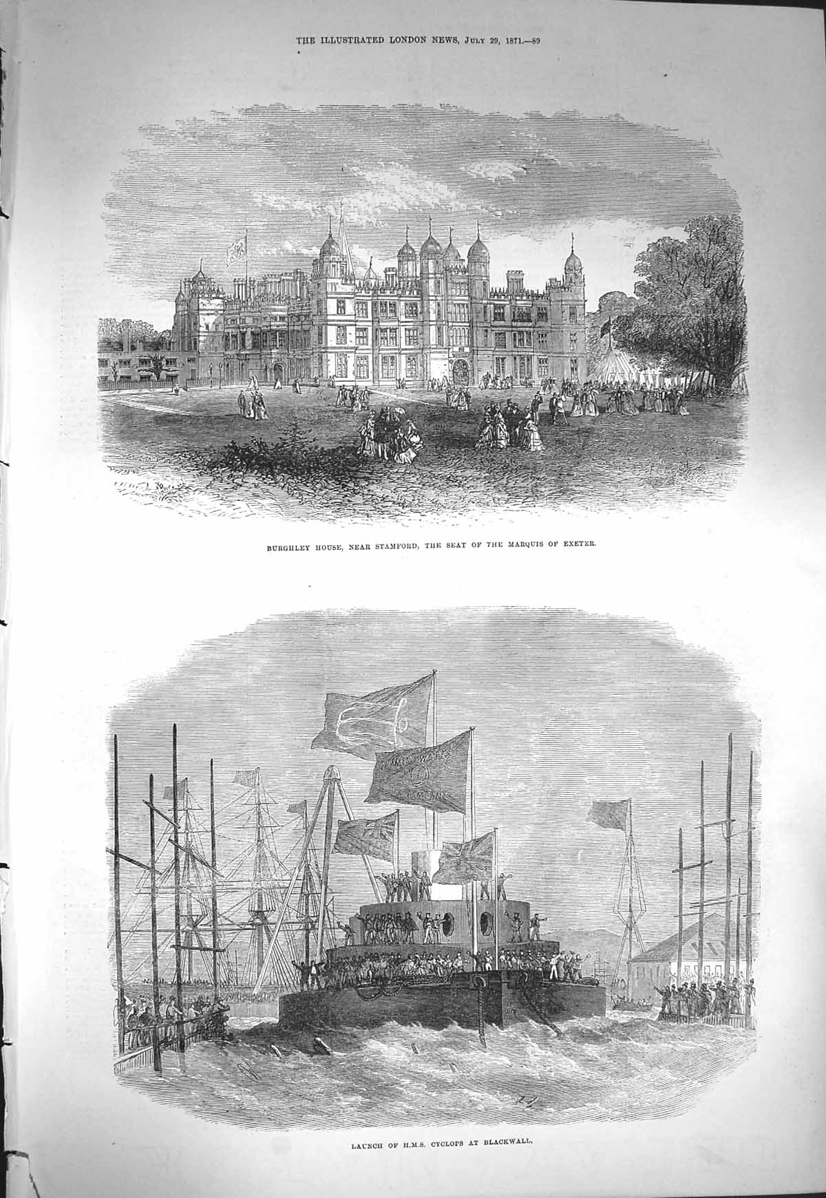 Original Old Antique Print 1871 Burghley Stamford Marquis Exeter Ship Cyclops