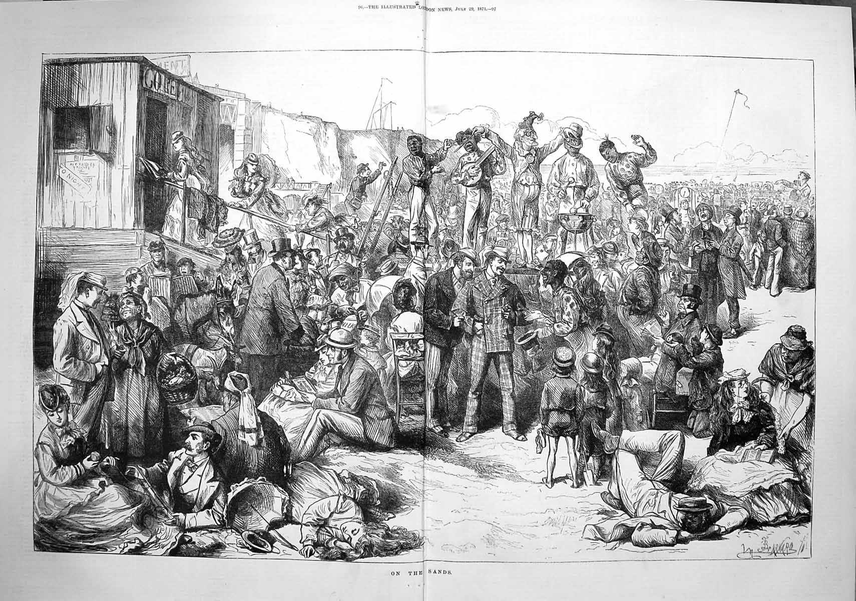 Original Old Antique Print 1871 Scene On The Sands Beach Native Entertainment 0