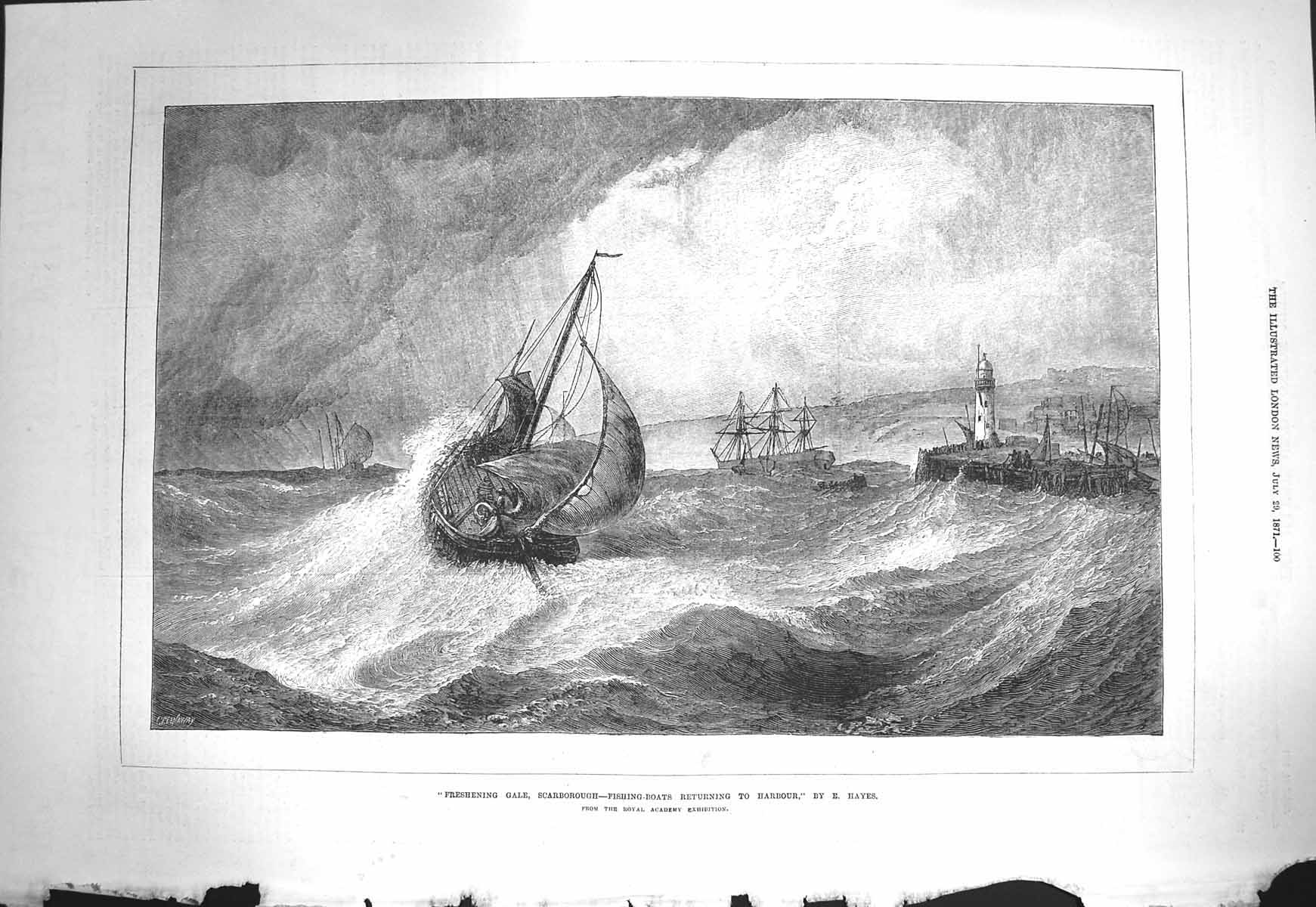 Original Old Antique Print 1871 Fishing Boats Scarborough Harbour Stormy Sea