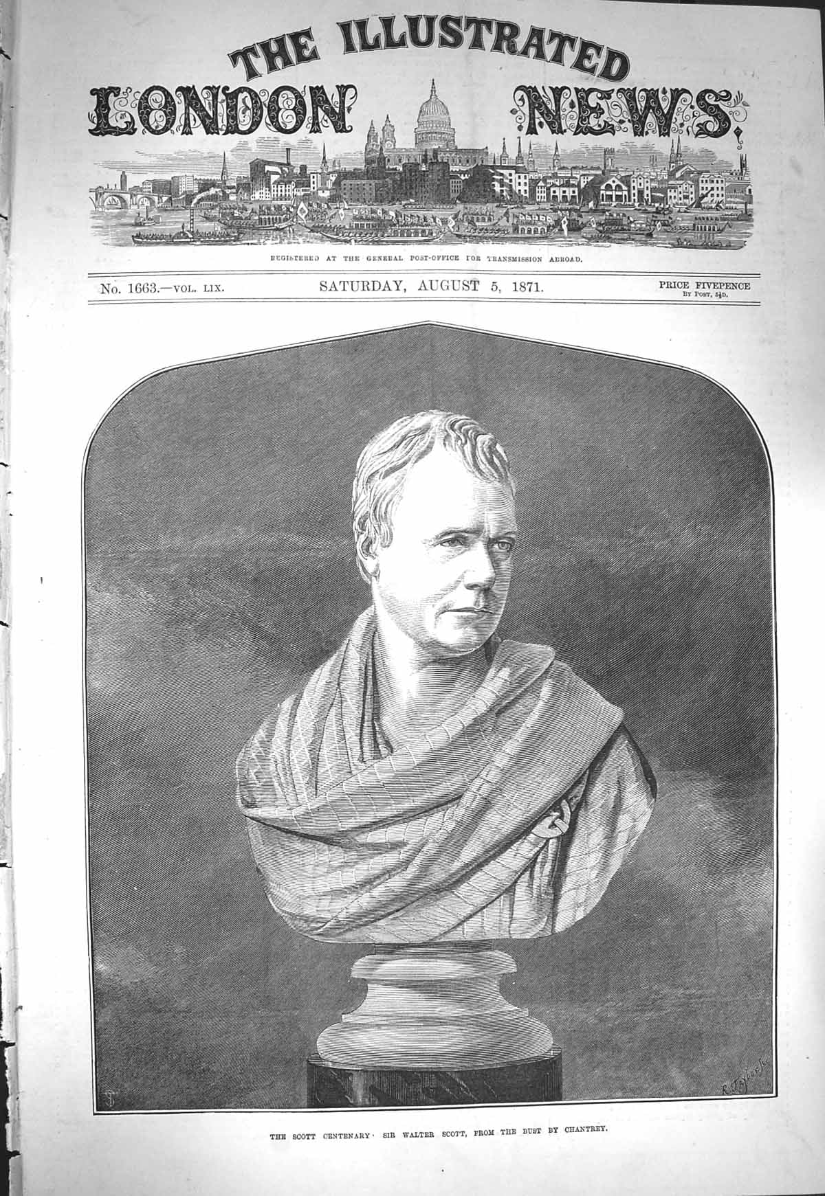 Original Old Antique Print 1871 Walter Scott Bust Abbotsford Stirling Castle