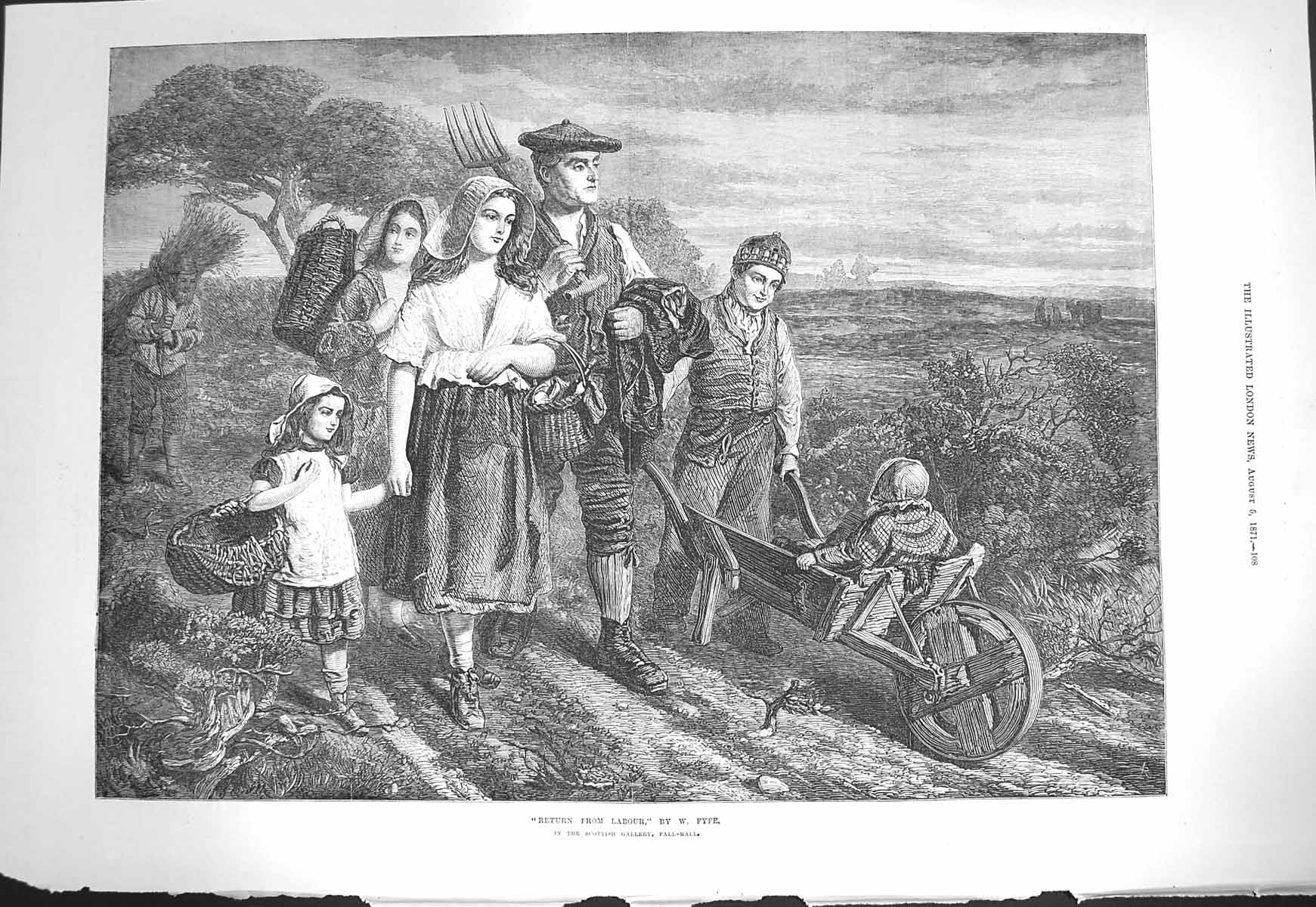 Original Old Antique Print 1871 Farmers Return Labour Agriculture Fyfe Fine Art
