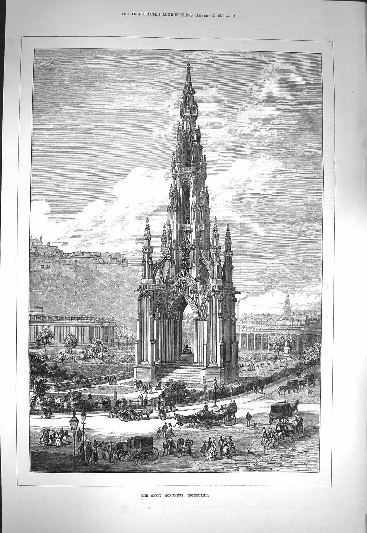 Original Old Antique Print 1871 Scott Monument Edinburgh Scotland Architecture
