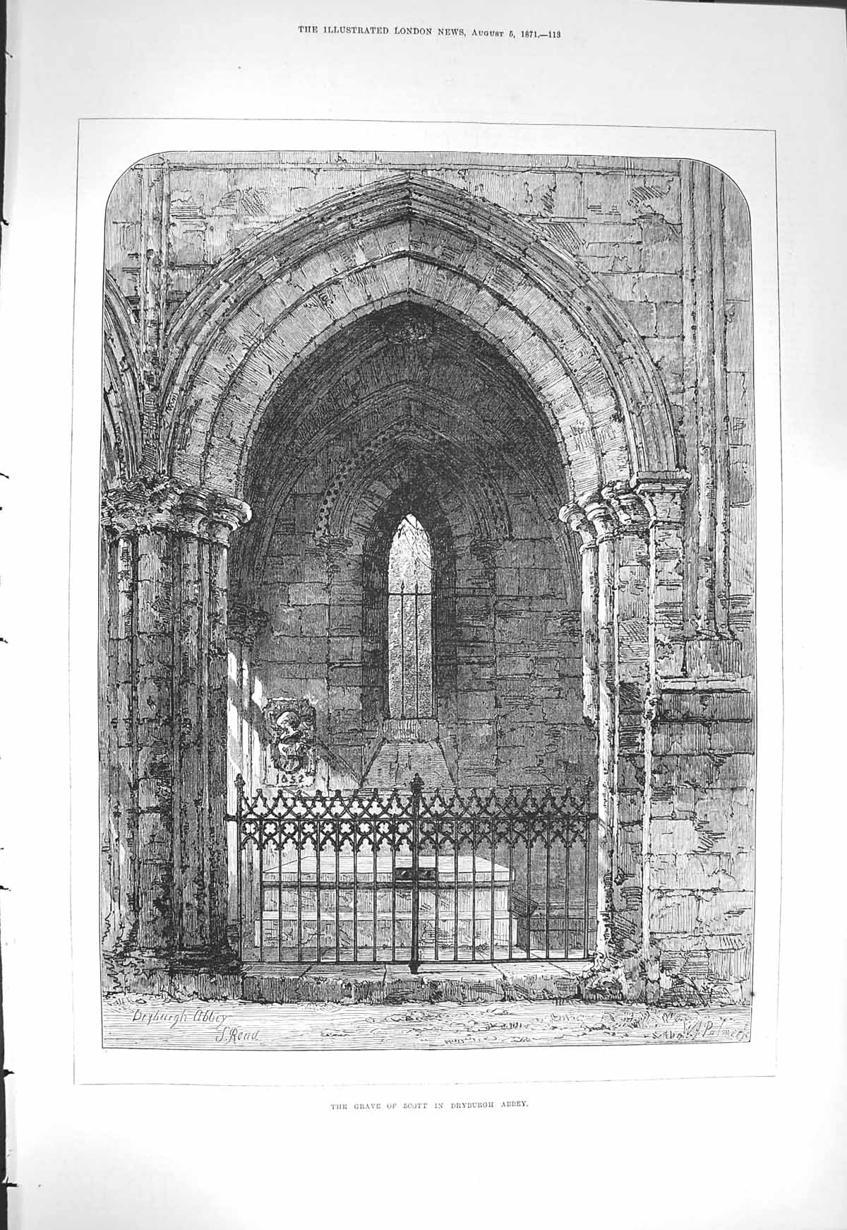 Original Old Antique Print 1871 Grave Scott Dryburgh Abbey Read Fine Art 19th