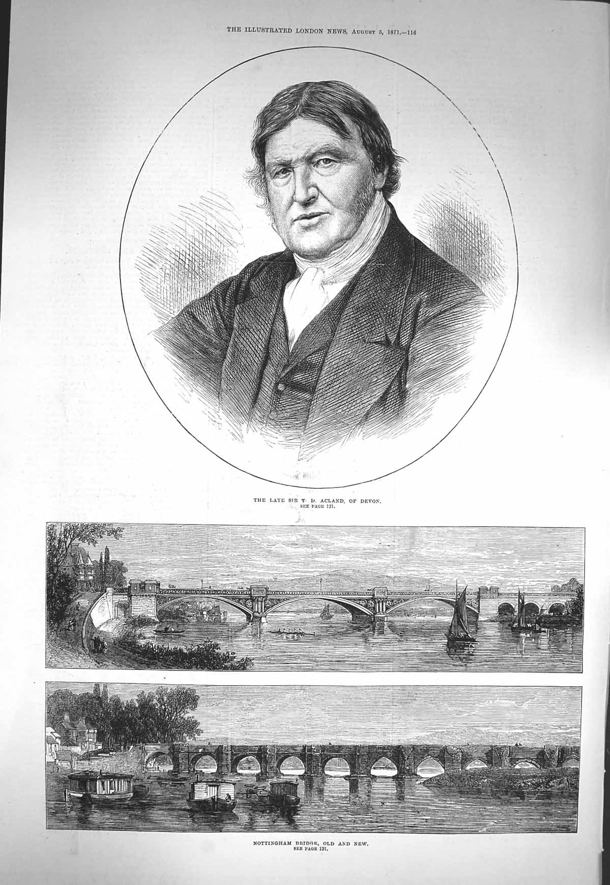 Original Old Antique Print 1871 Sir Acland Devon Nottingham Bridge New 19th