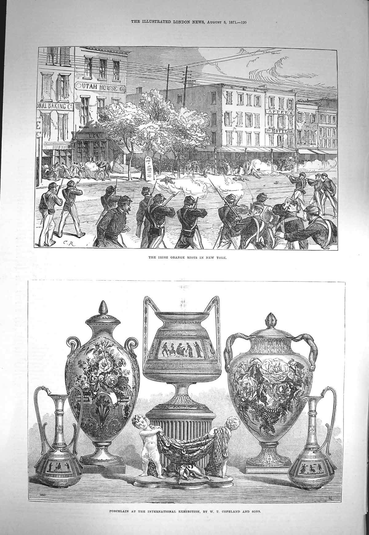 Antique Old Print *3645 1871 Irish Orange Riots New York Porcelain Exhibition