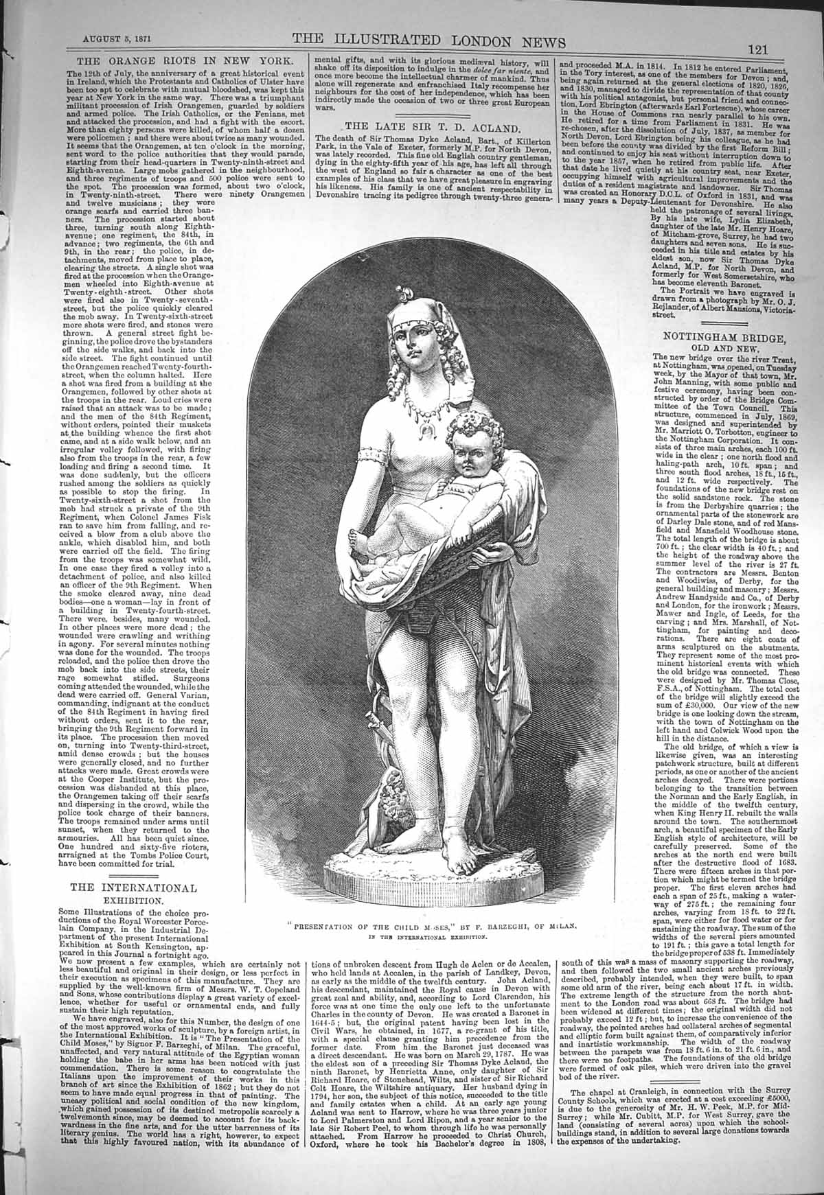 Original Old Antique Print 1871 Statue Presentation Child Moses Barzeghi Milan