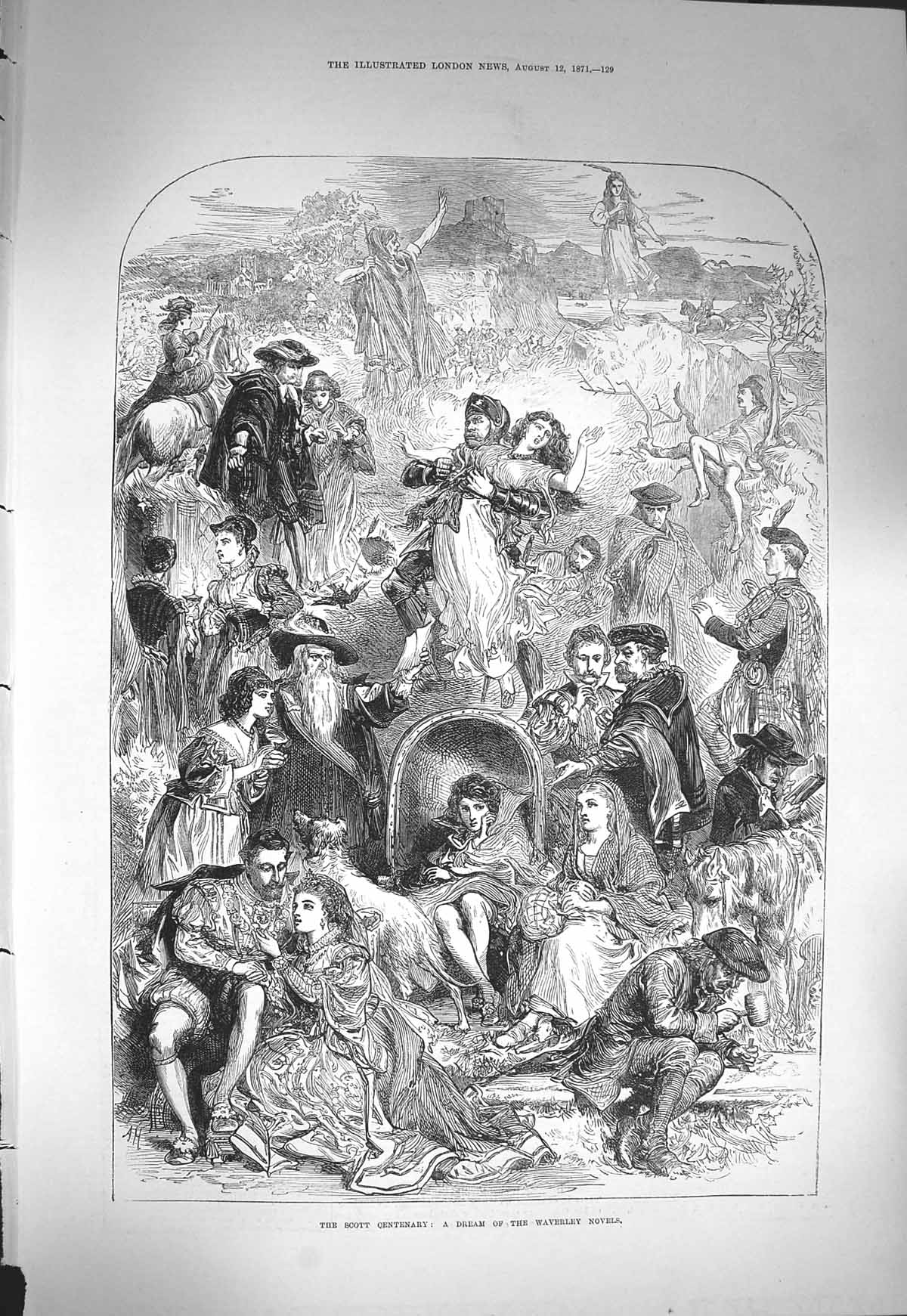 Old Antique Print 1871 Scott Centenary Dream Waverley Novels Characters 19th