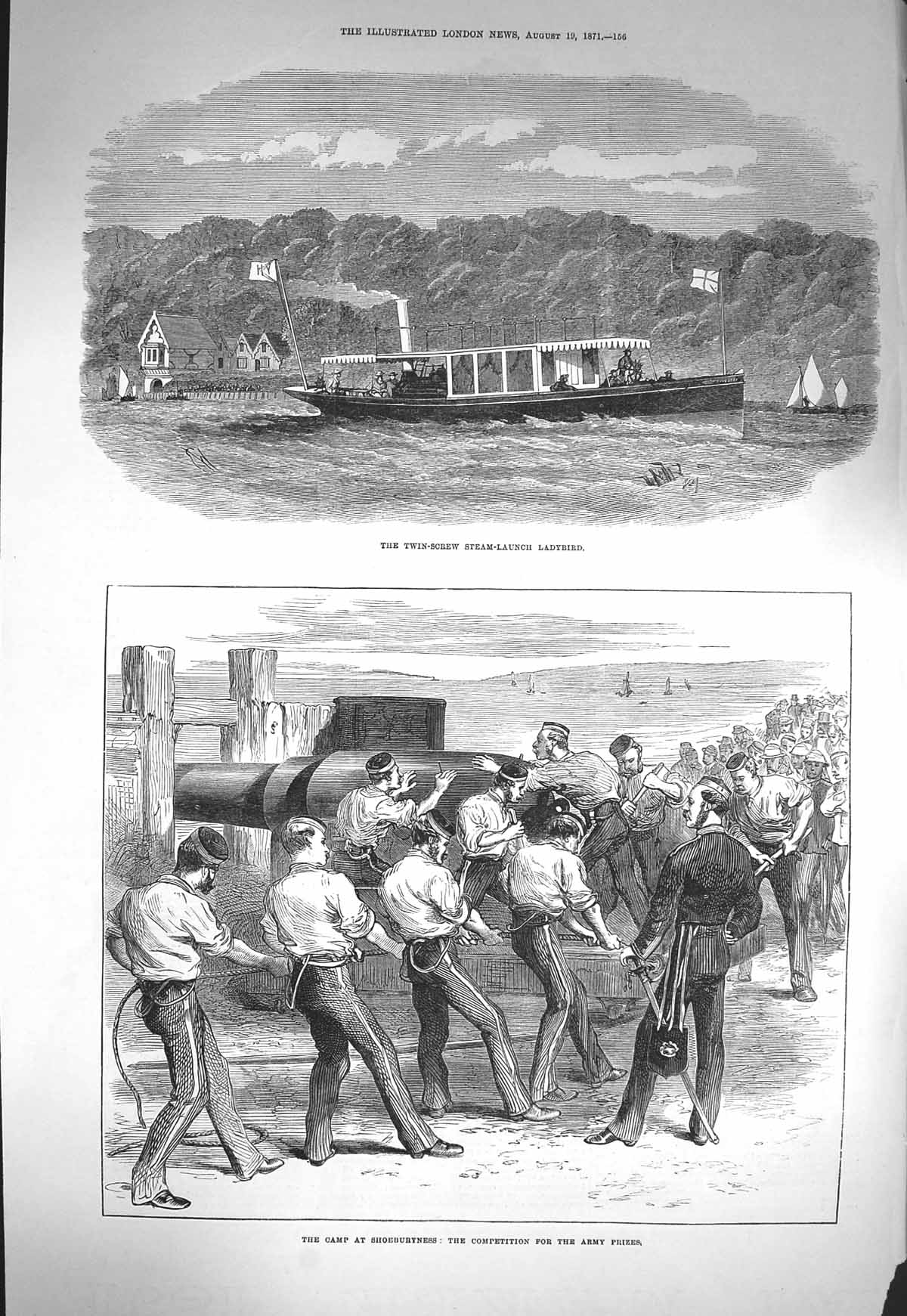 Original Old Antique Print 1871 Twin-Screw Boat Ladybird Camp Shoeburyness Army