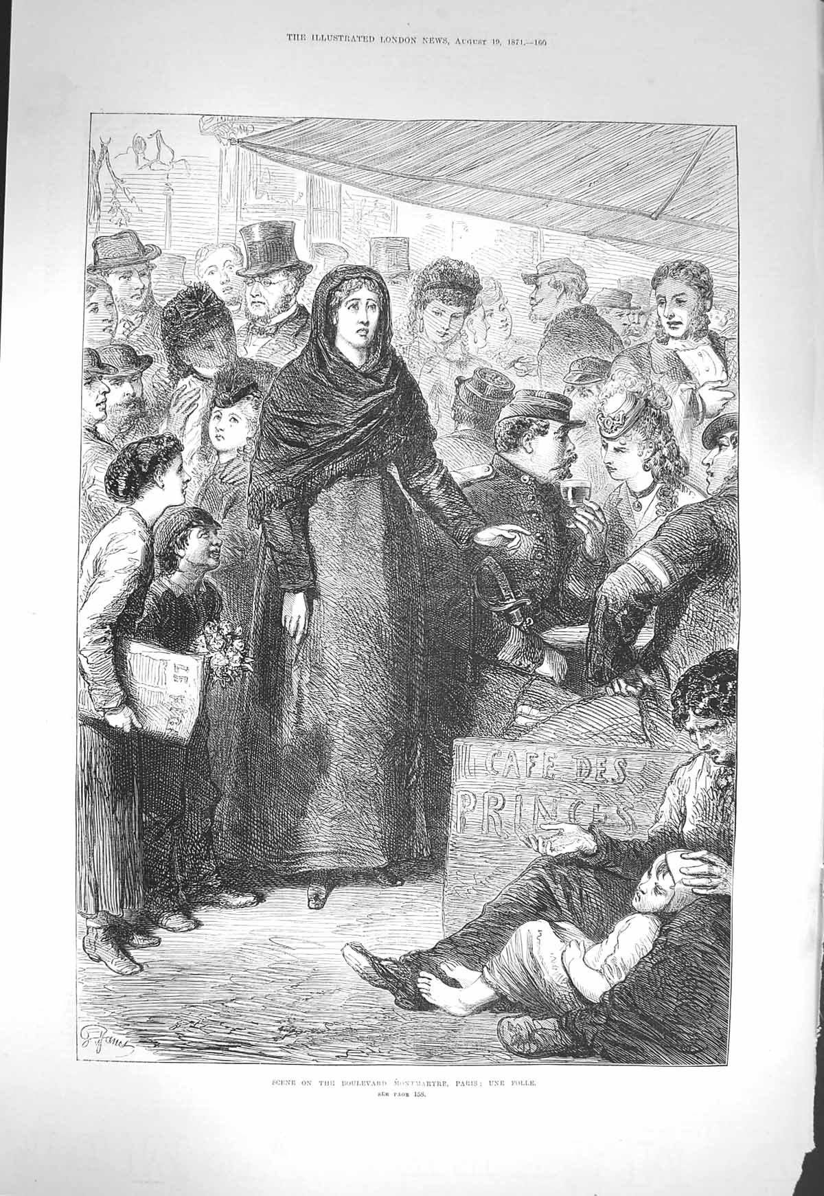 Original Old Antique Print 1871 Scene Boulevard Montmartre Paris Une Folle 19th