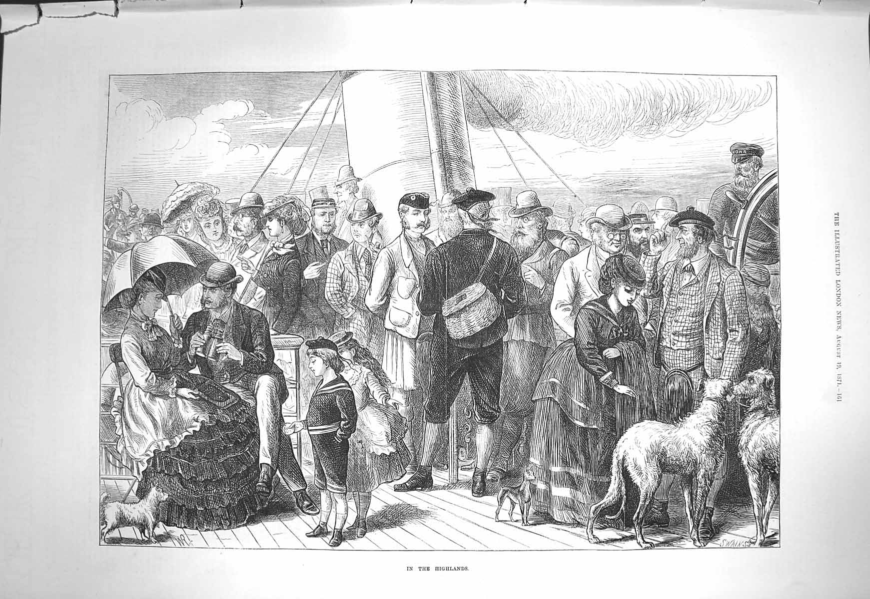 Original Old Antique Print 1871 Ship Highlands Scotland People Dogs Children