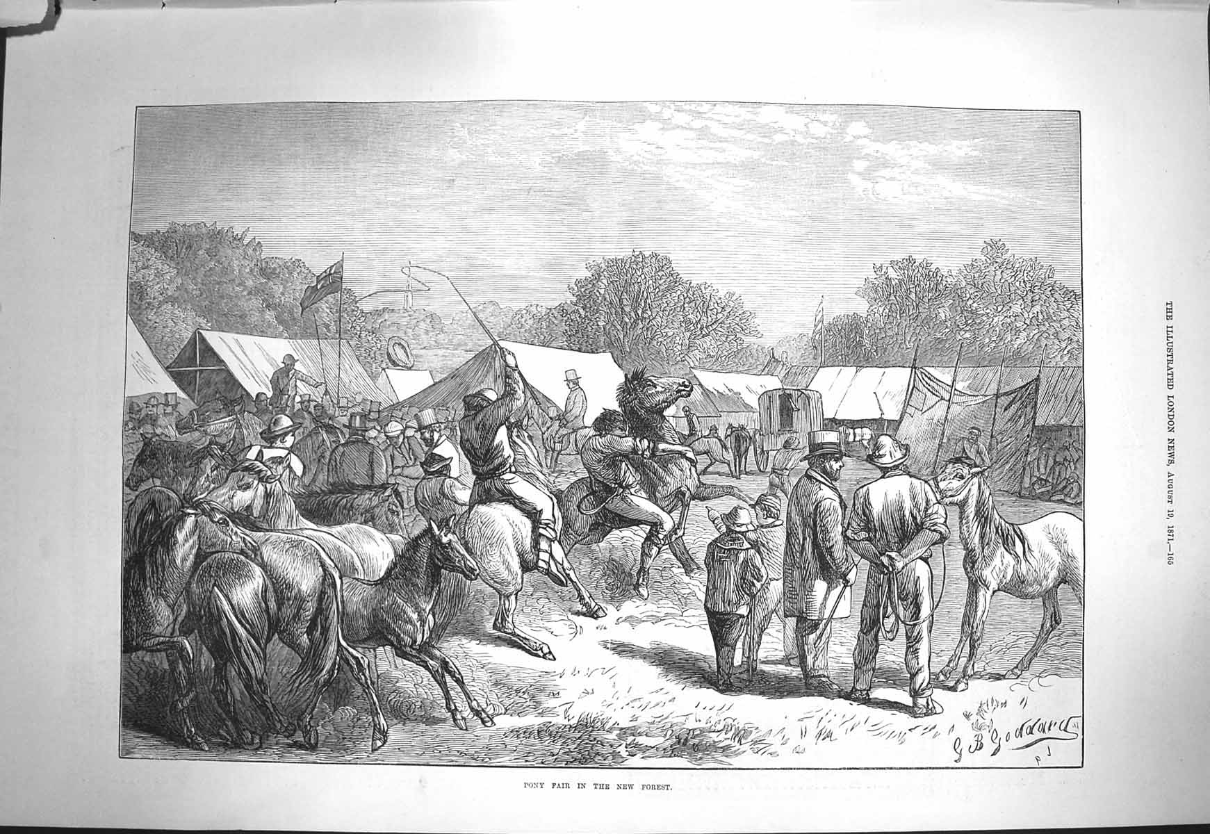 Original Old Antique Print 1871 Pony Fair New Forest Horses Camp 19th