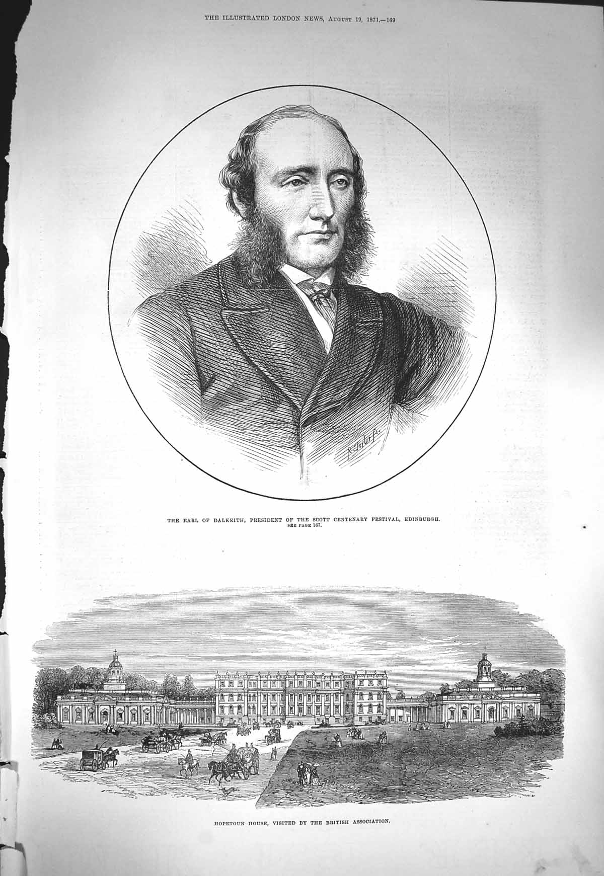 Original Old Antique Print 1871 Earl Dalkeith Scott Centenary Hopetou Victorian
