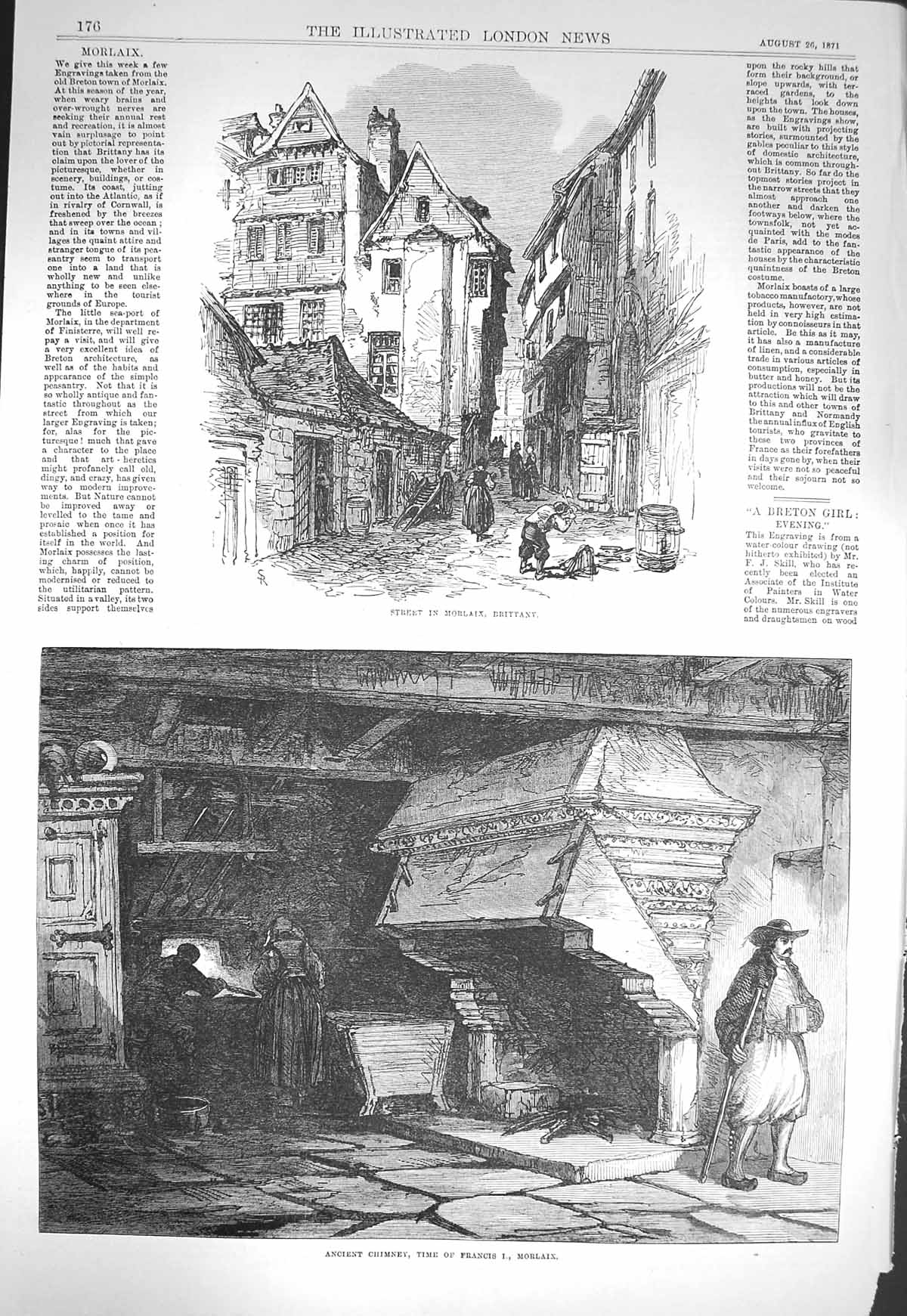 Original Old Antique Print 1871 Street Morlaix Brittany Ancient Chimney Francis