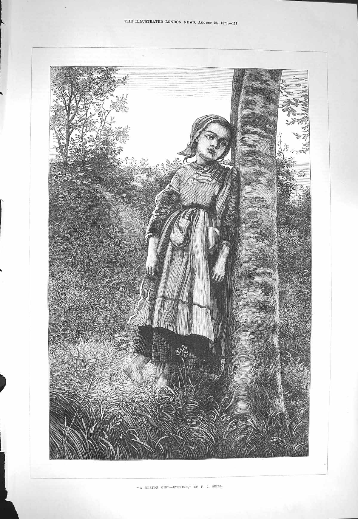 Original Old Antique Print 1871 Skill Fine Art Breton Girl Tree Countryside