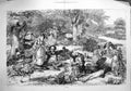 Original Old Antique Print 1871 Picnic Scene Family River Trees 19th