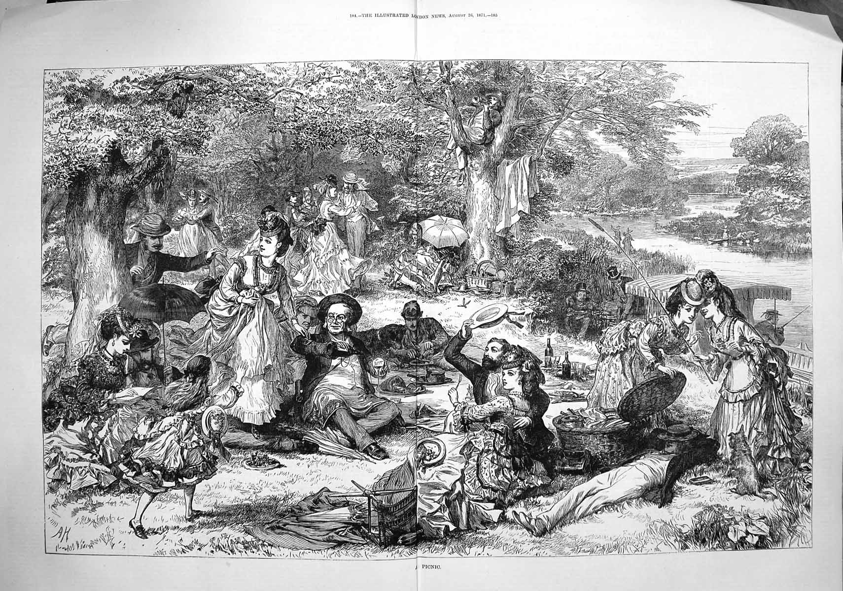 Original Old Antique Print 1871 Picnic Scene Family River Trees 19th