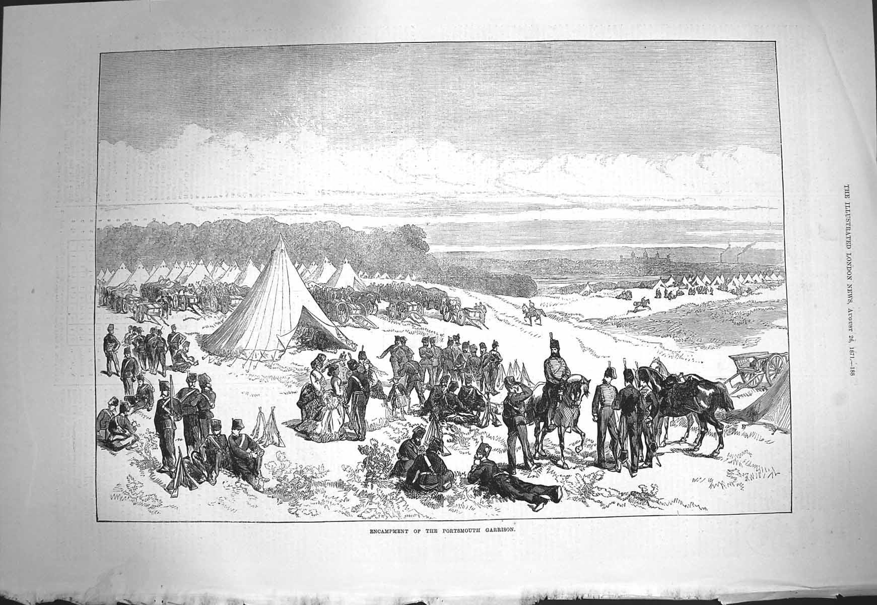 Original Old Antique Print 1871 Encampment Portsmouth Garrison Siers War 19th