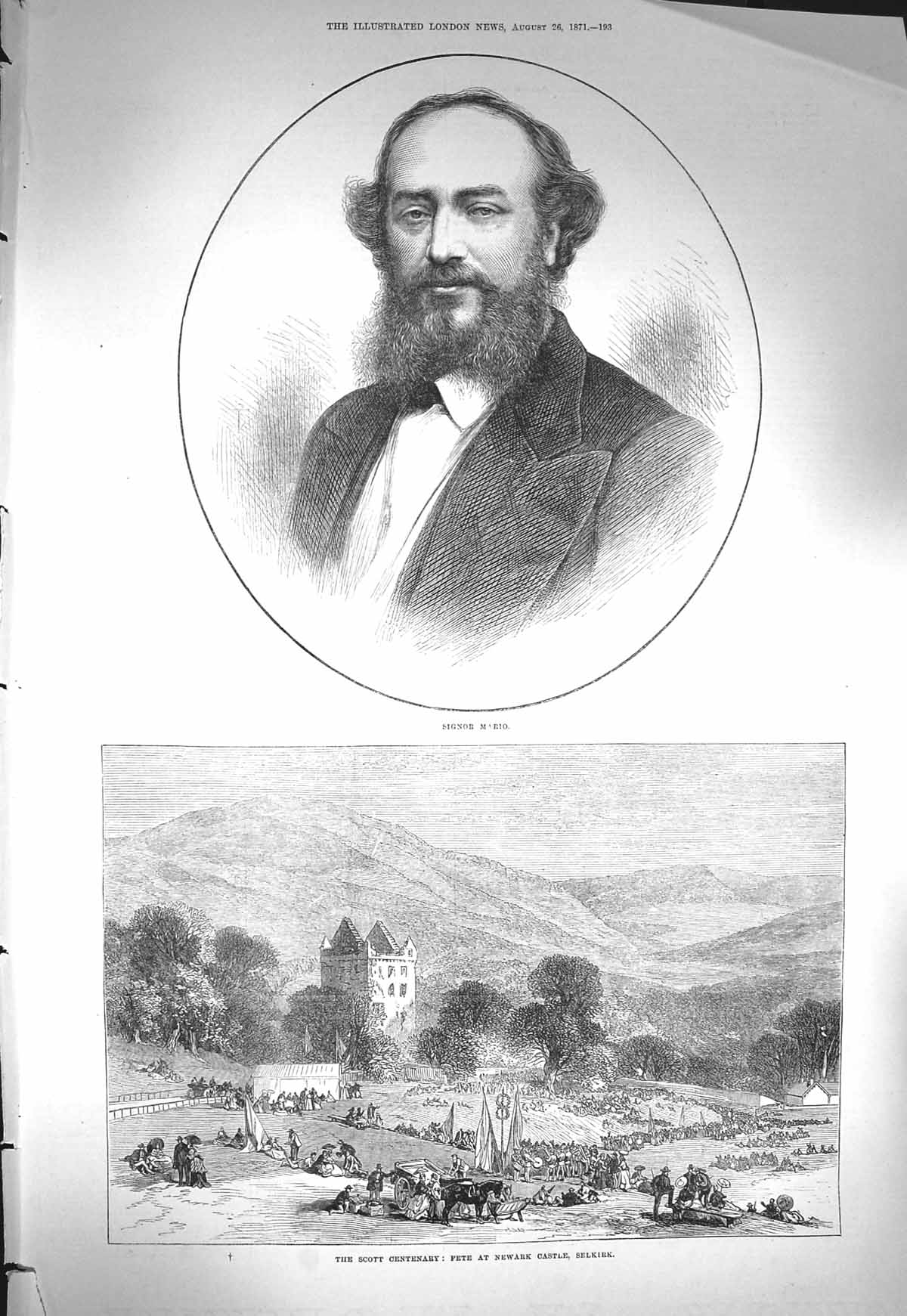 Old Antique Print 1871 Portrait Signor Mario Fete Newark Castle Selkirk 19th