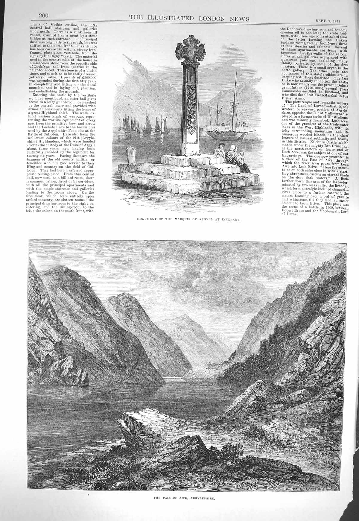 Old Antique Print 1871 Monument Marquis Argyll Inverary Awe Argyleshire 19th