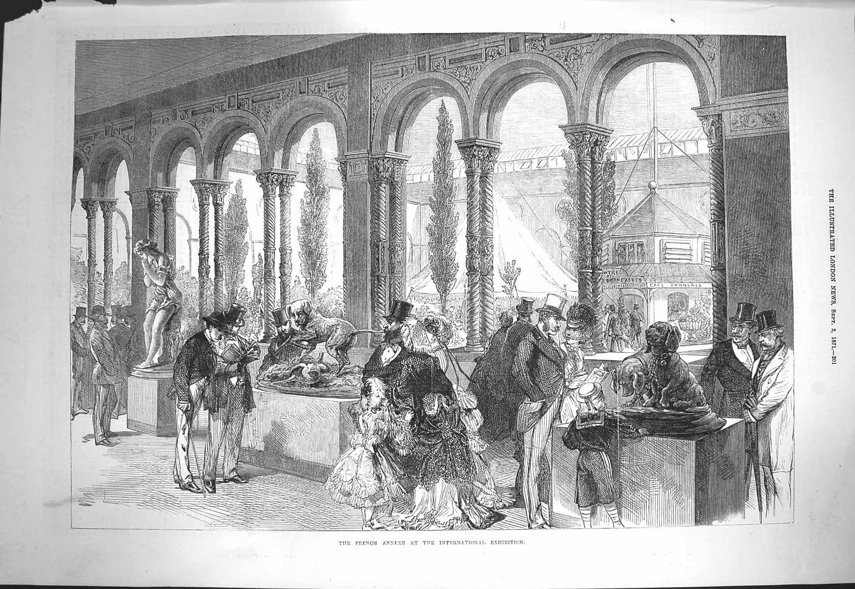 Original Old Antique Print 1871 French Annexe International Exhibition 19th