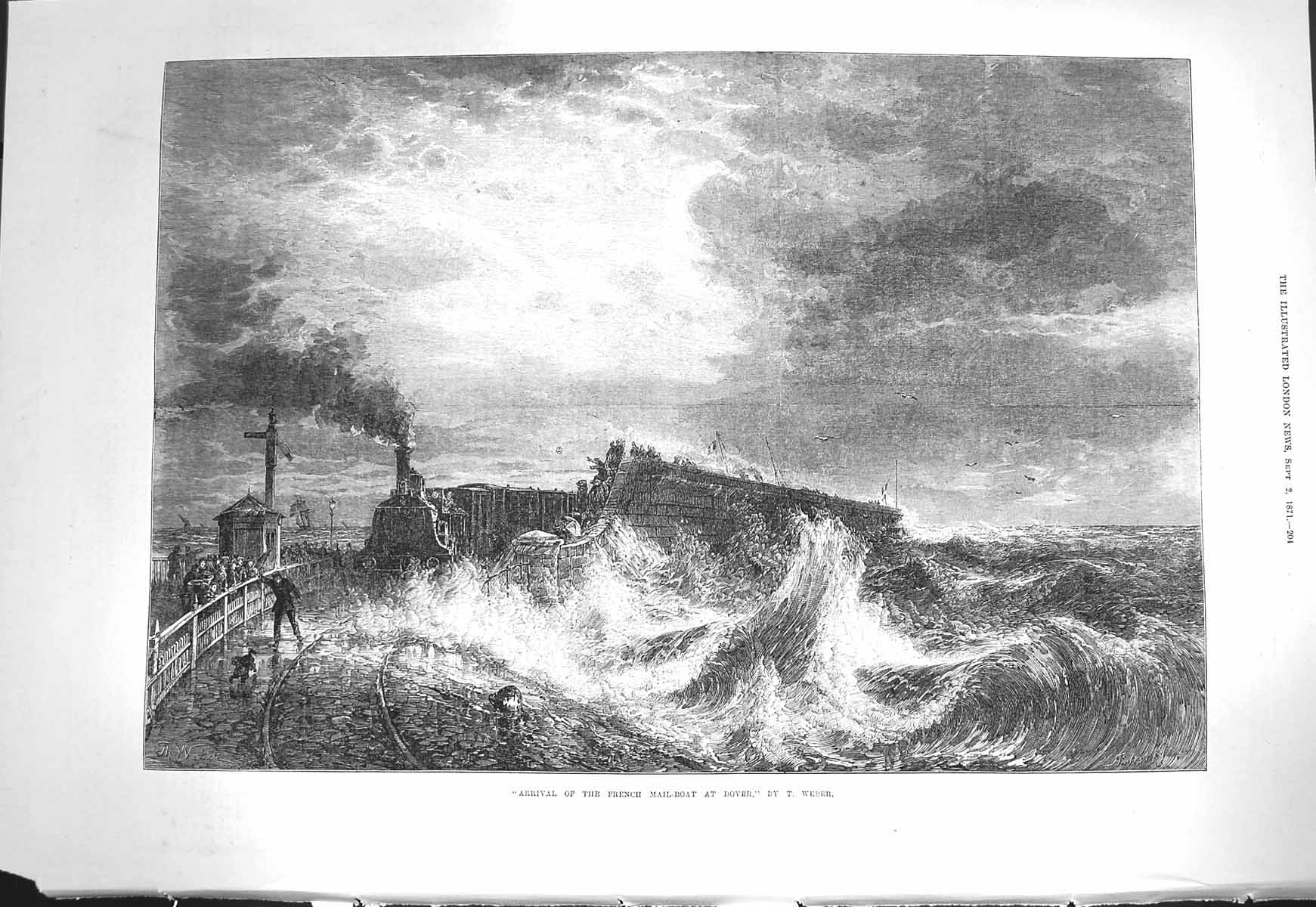 Original Old Antique Print 1871 Arrival French Mail Boat Train Dover Weber 19th