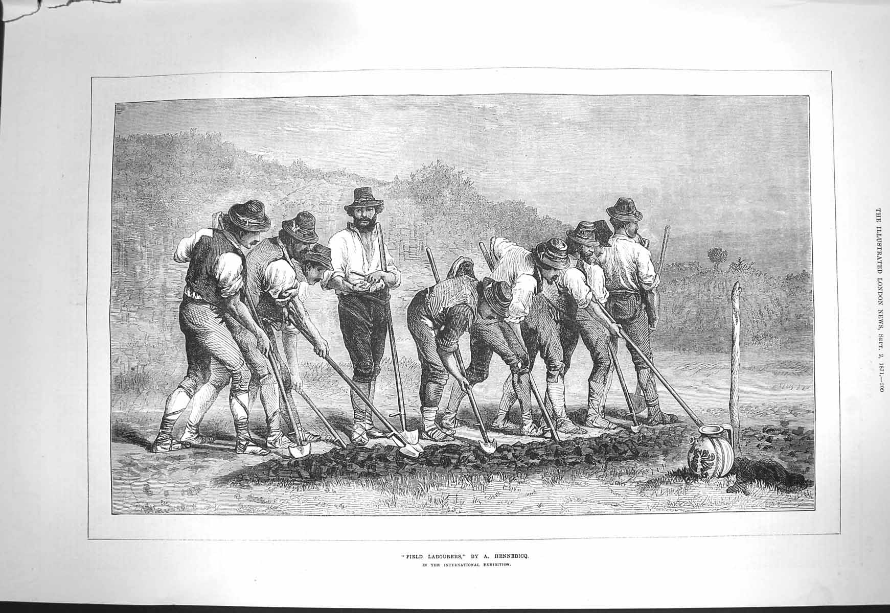 Original Old Antique Print 1871 Field Labourers Farming Agriculture Hennebicq