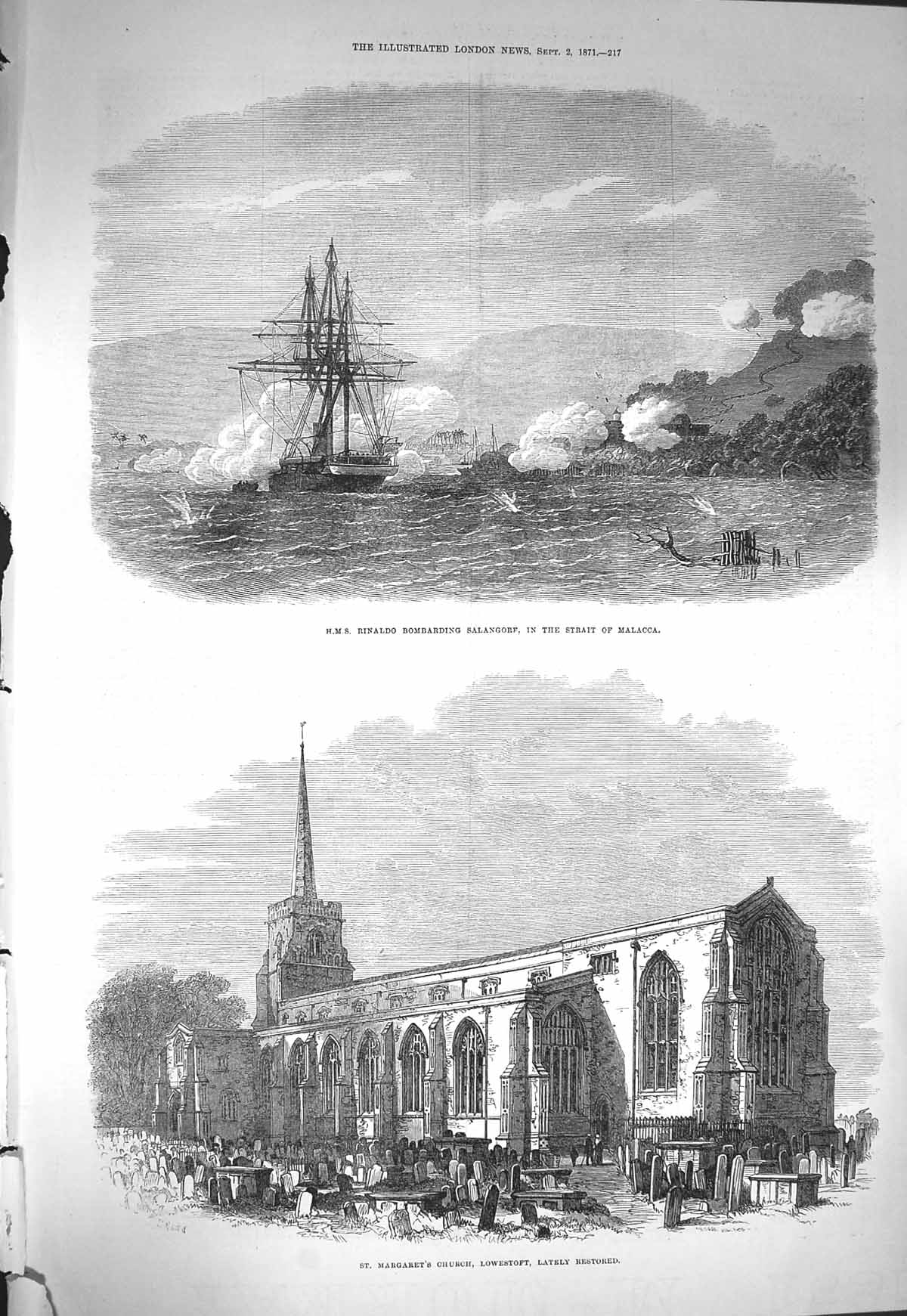 Old Antique Print 1871 Margaret'S Church Lowestoft Ship Rinaldo Malacca 19th