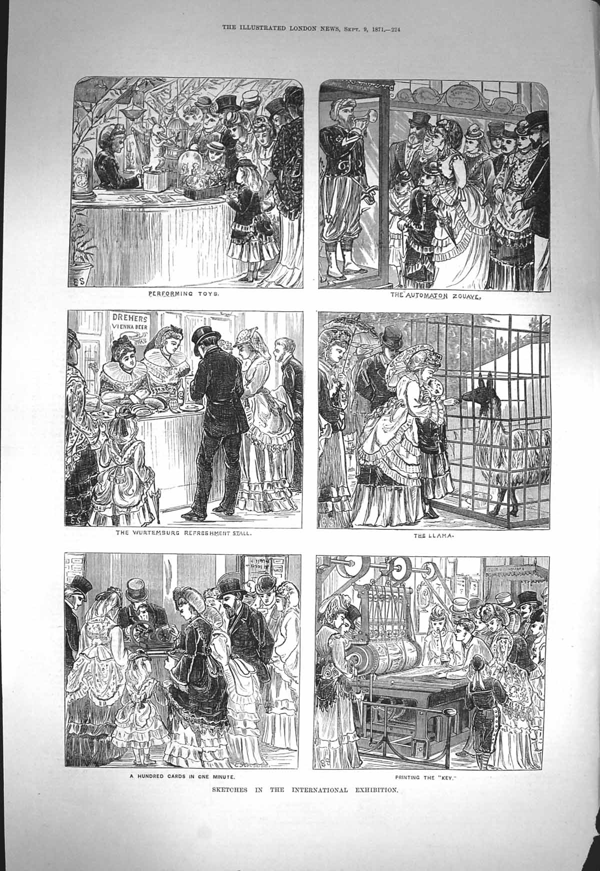 Original Old Antique Print 1871 International Exhibition Toys Llama Frenc 19th