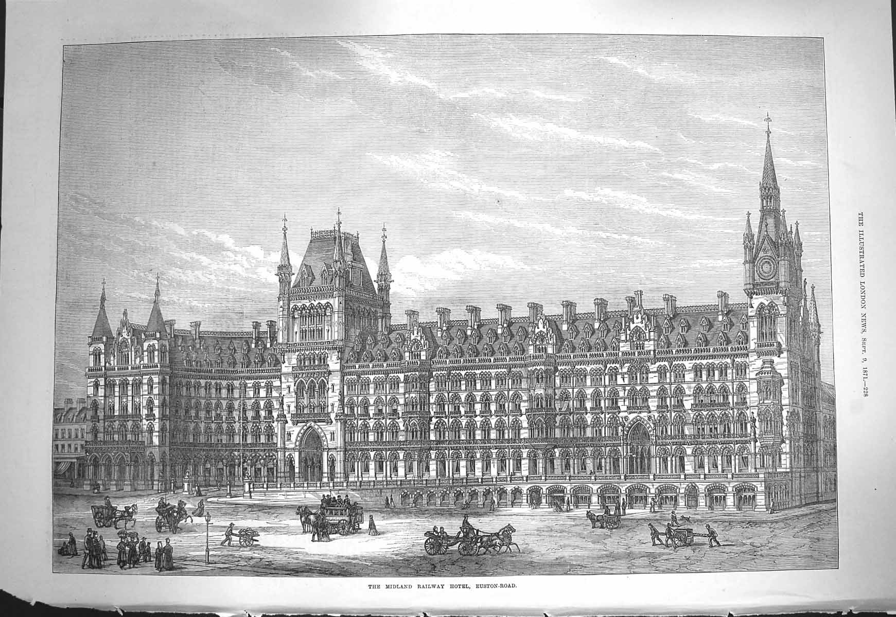 Original Old Antique Print 1871 Midland Railway Hotel Euston-Road Archi 19th