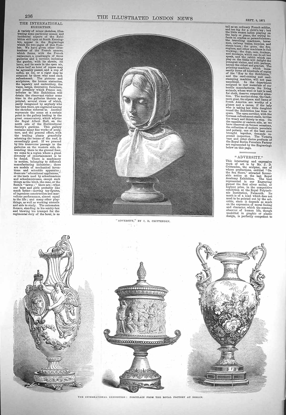 Original Old Antique Print 1871 Porcelain Royal Factory Berlin Bust Adversity