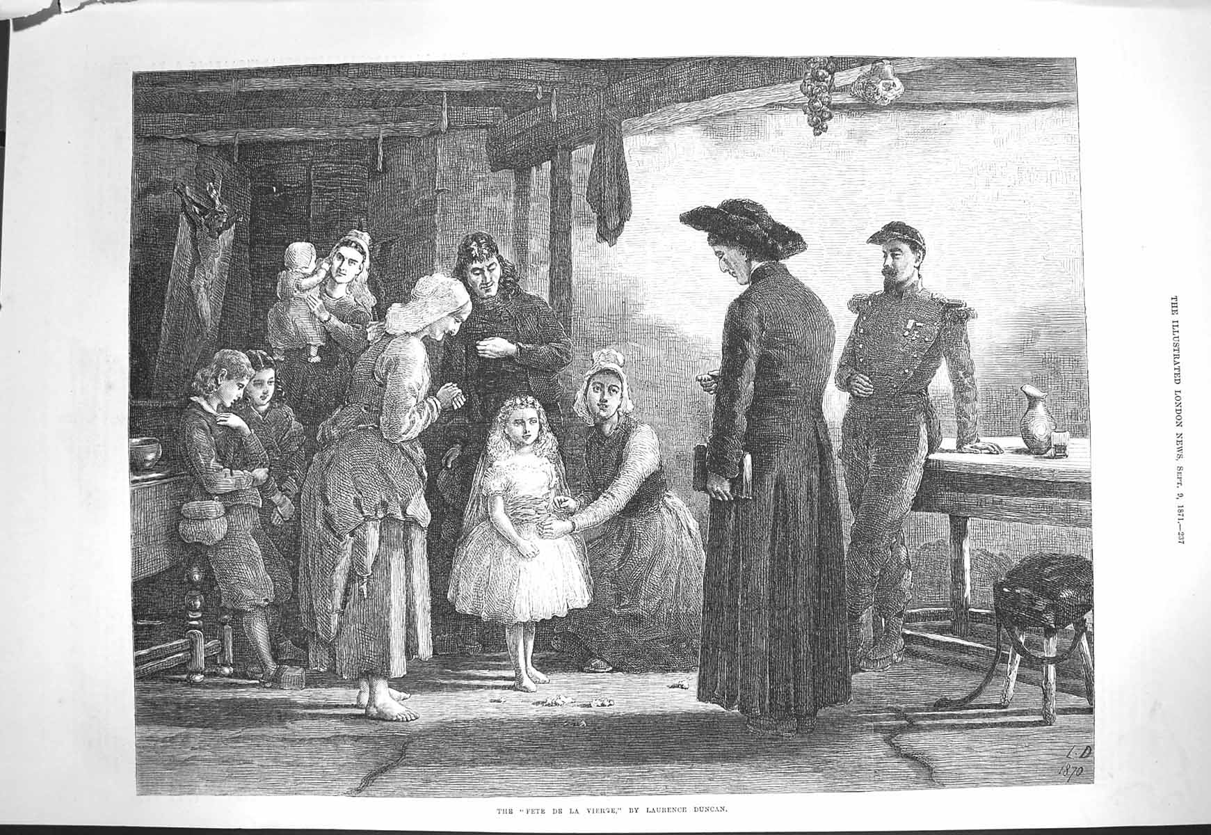 Original Old Antique Print 1871 Fete De La Vierge Children Family Home Fine Art
