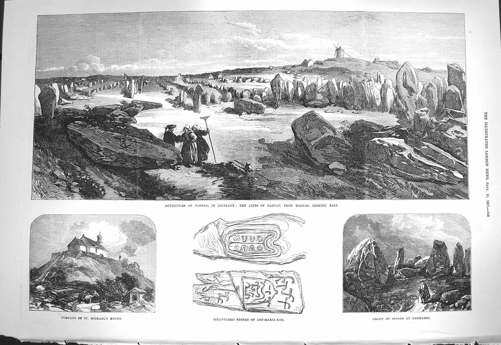Original Old Antique Print 1871 Carnac Brittany Maenac Tumulus Mount Kermario
