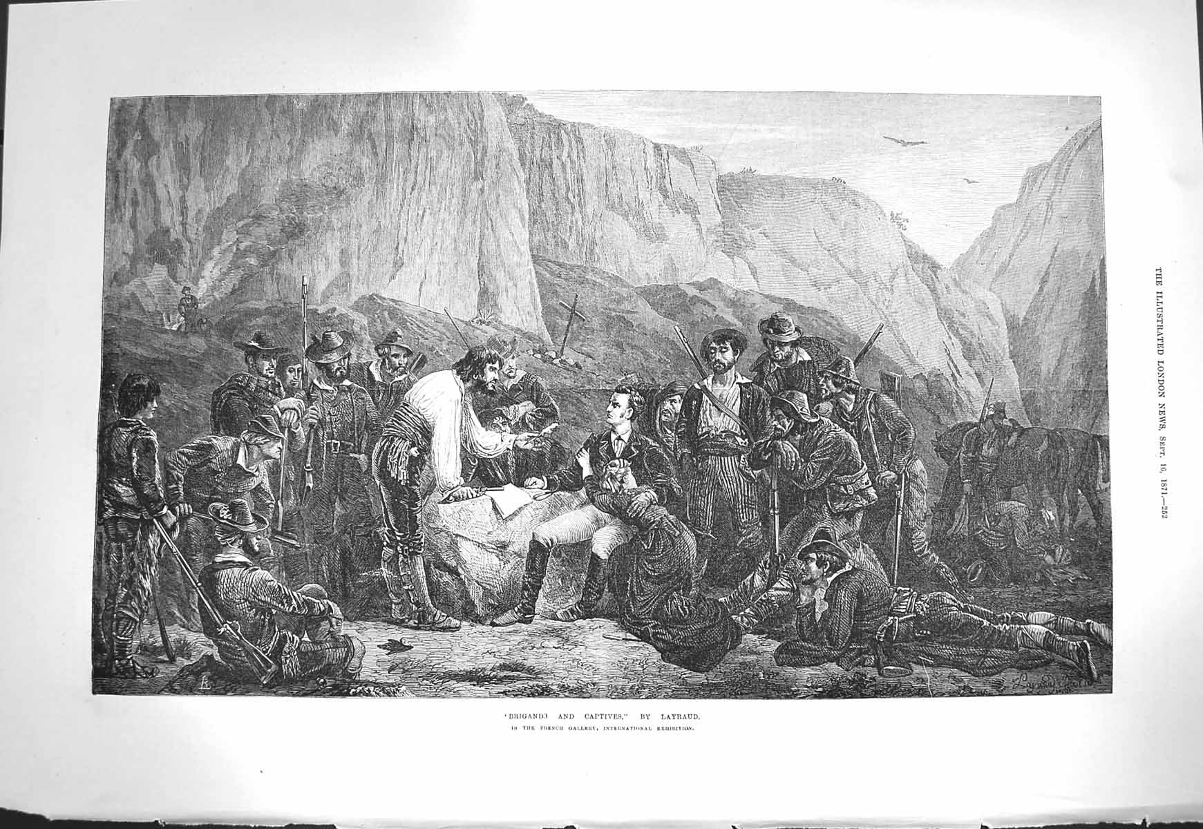 Original Old Antique Print 1871 Brigands Captives Siers Mountains Weapons Art