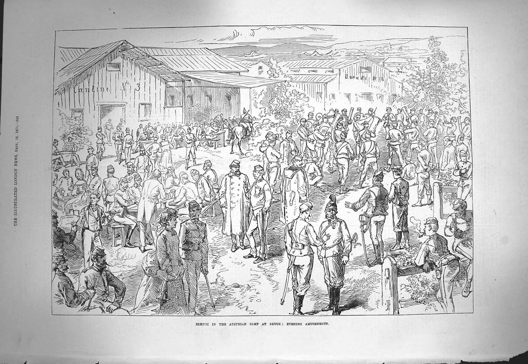 Original Old Antique Print 1871 Sketch Austrian Camp Bruck War Siers Victorian