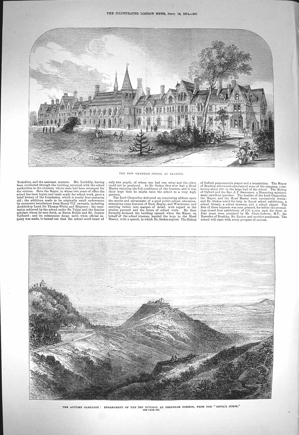 Original Old Antique Print 1871 Grammar School Reading Frensham Devil'S Jumps