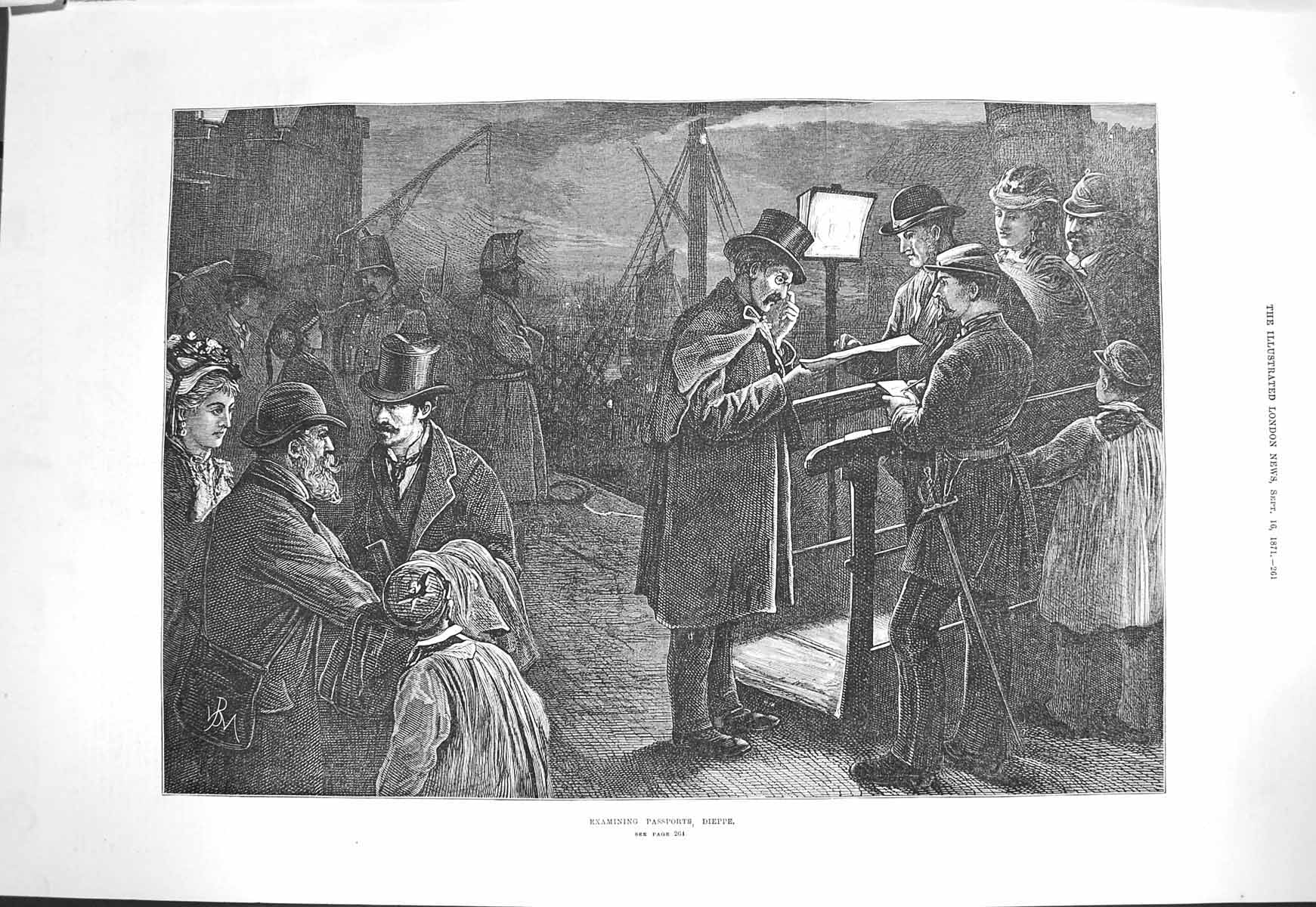 Old Antique Print 1871 Fine Art Scene Examining Passports Dieppe France 19th