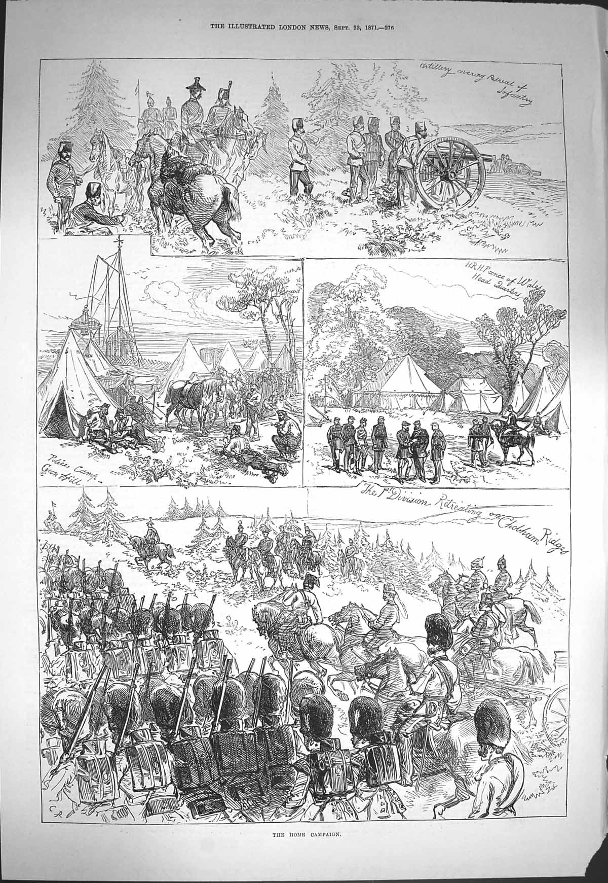 Original Old Antique Print 1871 Home Campaign Siers Artillery Chobham Ridges
