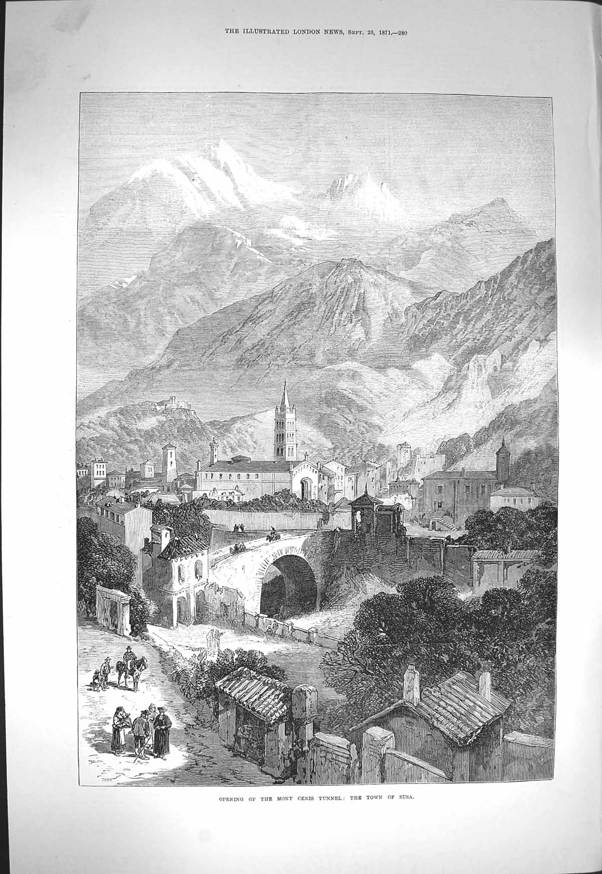 Old Antique Print 1871 Opening Mont Cenis Tunnel Railway View Town Susa 19th
