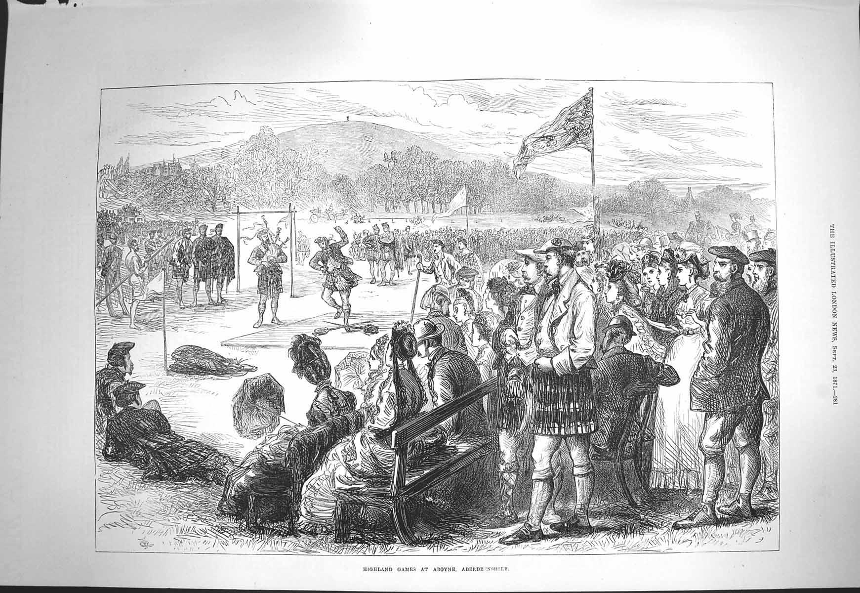Original Old Antique Print 1871 Highland Games Aboyne Aberdeenshire S Victorian