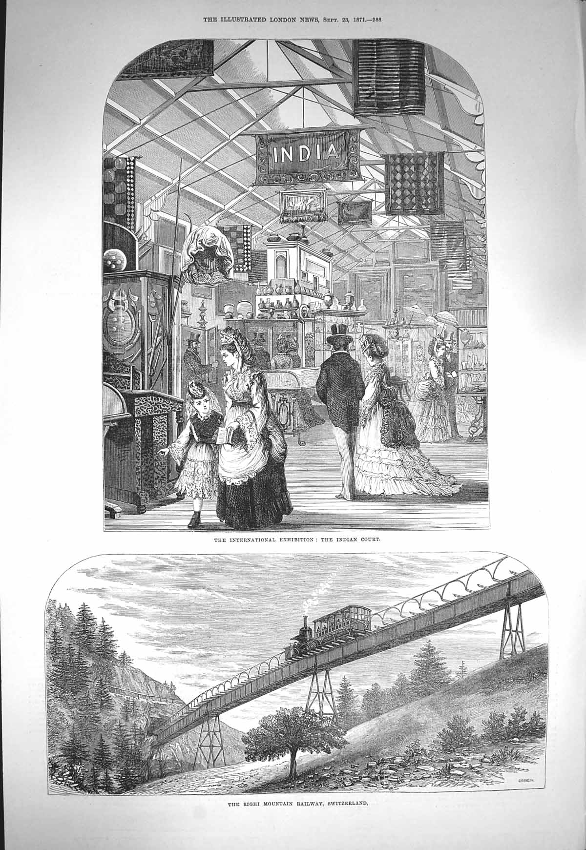 Original Old Antique Print 1871 Righi Mountain Railway Switzerland Indian Court