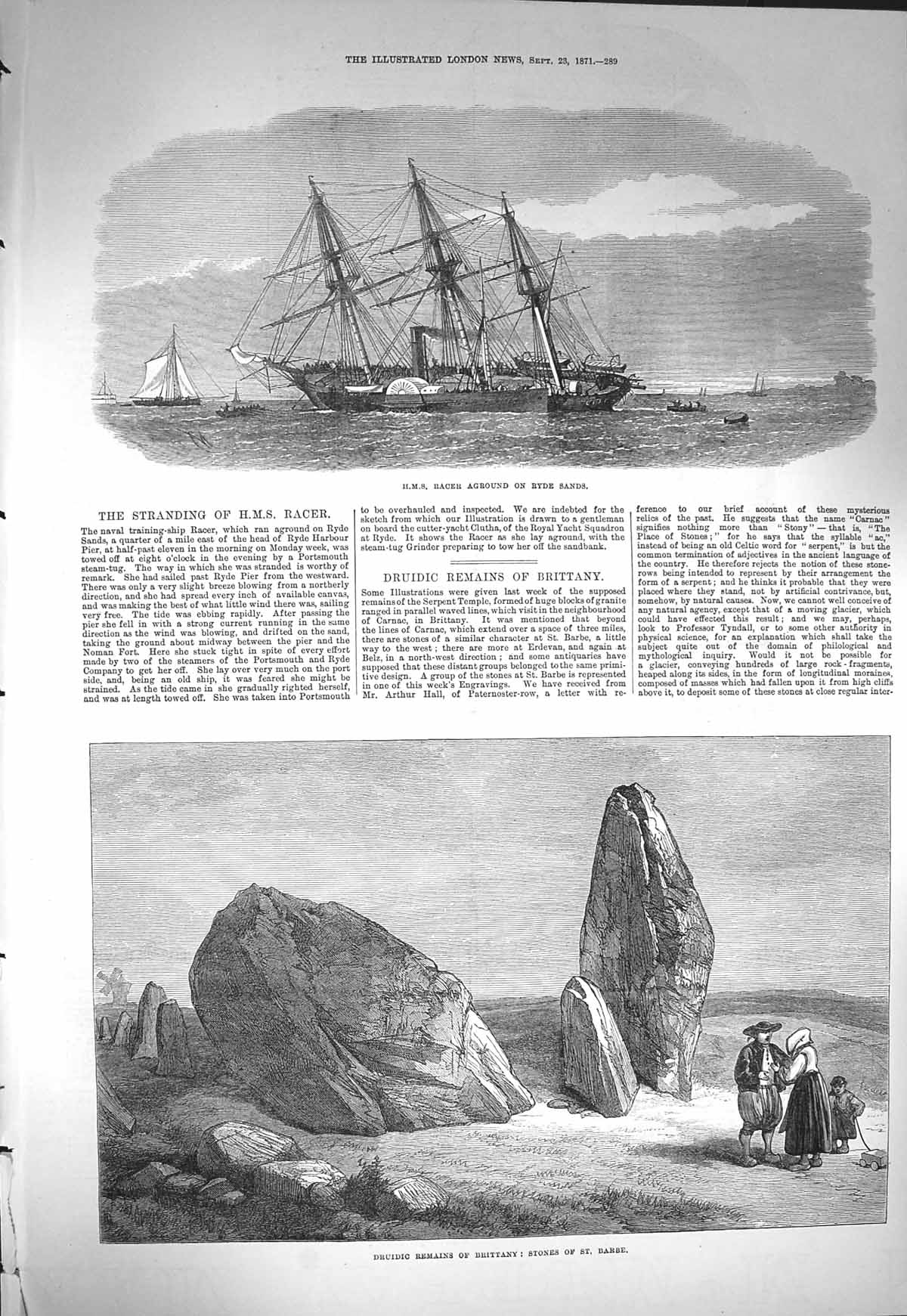 Old Antique Print 1871 Ship Racer Aground Ryde Sands Druidic Stones Barbe 19th