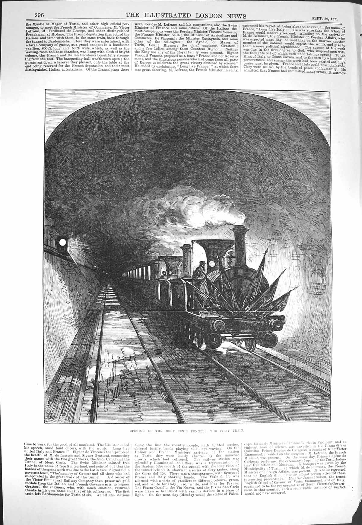 Original Old Antique Print 1871 Opening Mont Cenis Tunnel First Train Railway