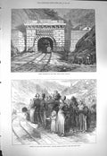 Original Old Antique Print 1871 Mont Cenis Tunnel Modane Railway Train 19th