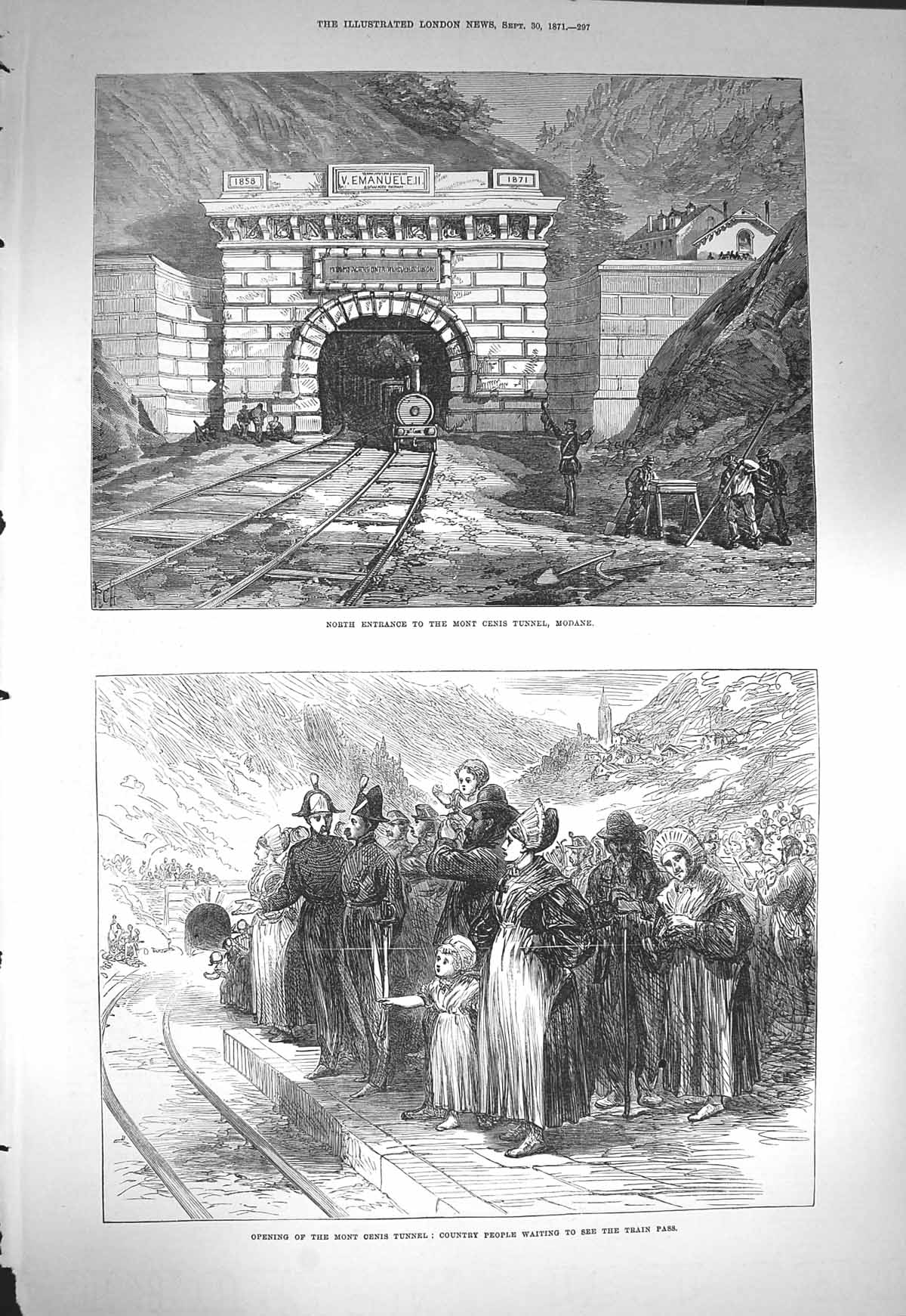 Original Old Antique Print 1871 Mont Cenis Tunnel Modane Railway Train 19th
