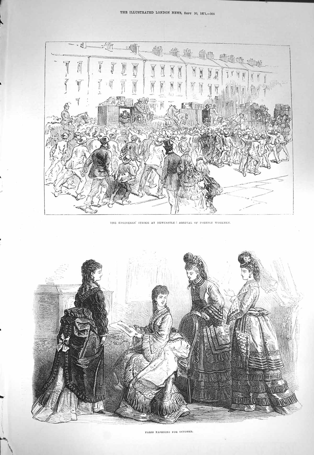 Old Antique Print 1871 Paris Fashion Engineers Strike Newcastle Workmen 19th