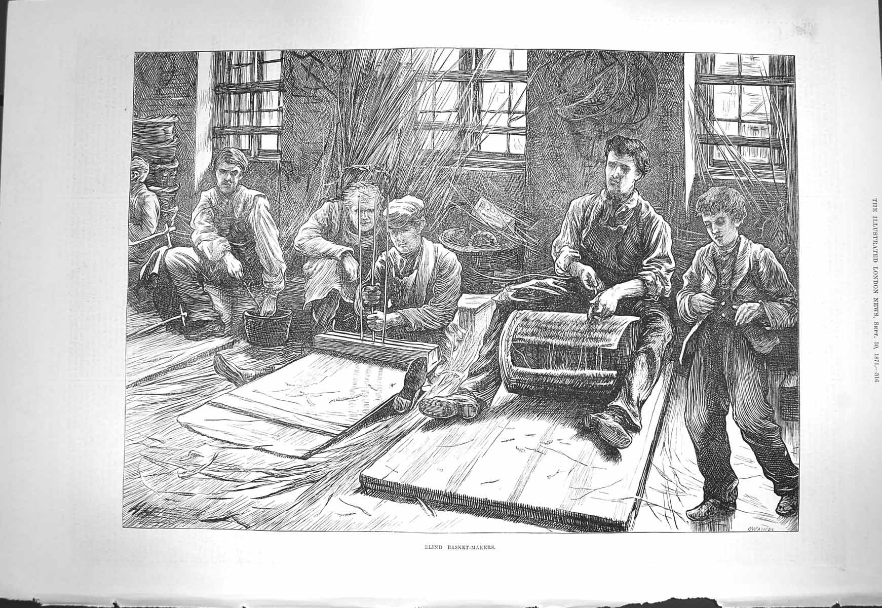 Original Old Antique Print 1871 Blind Basket Makers Industry 19th