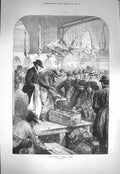 Old Antique Print 1871 Fish Auction Columbia Market Chobham Common Grant 19th