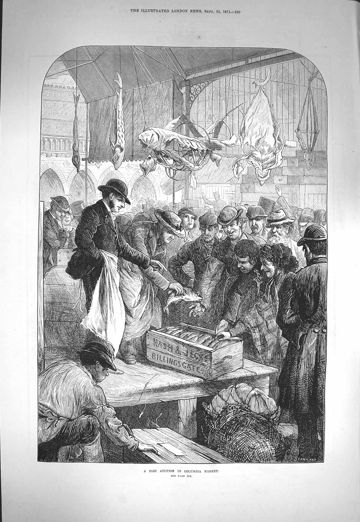 Old Antique Print 1871 Fish Auction Columbia Market Chobham Common Grant 19th