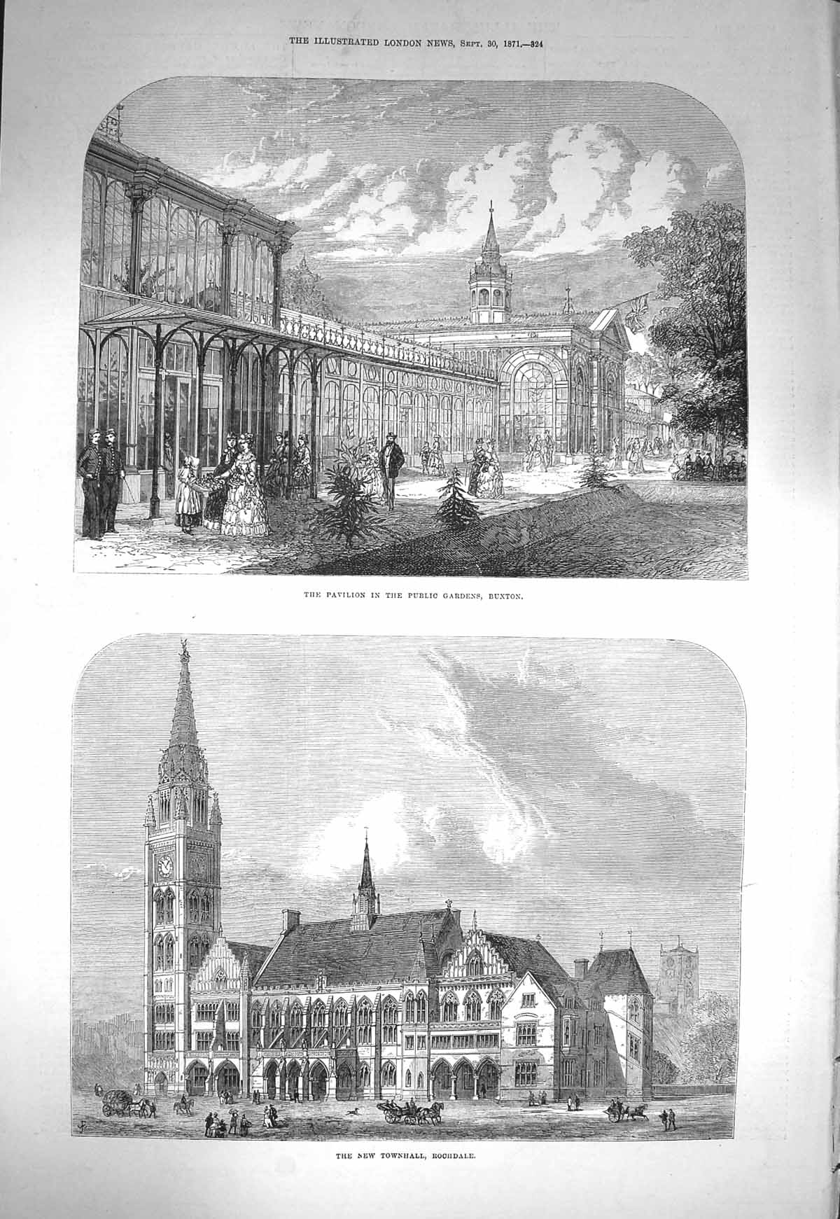 Antique Old Print *3651 1871 Pavilion Public Gardens Buxton Townhall Rochdale