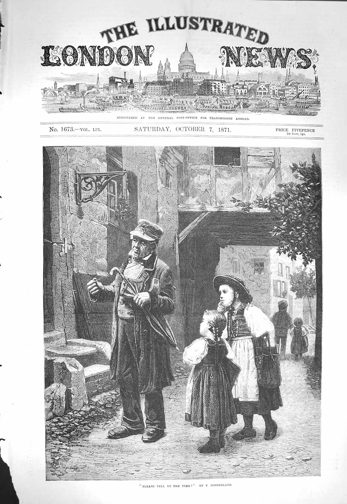 Original Old Antique Print 1871 Children Man Street Scene Please Tell Us Time